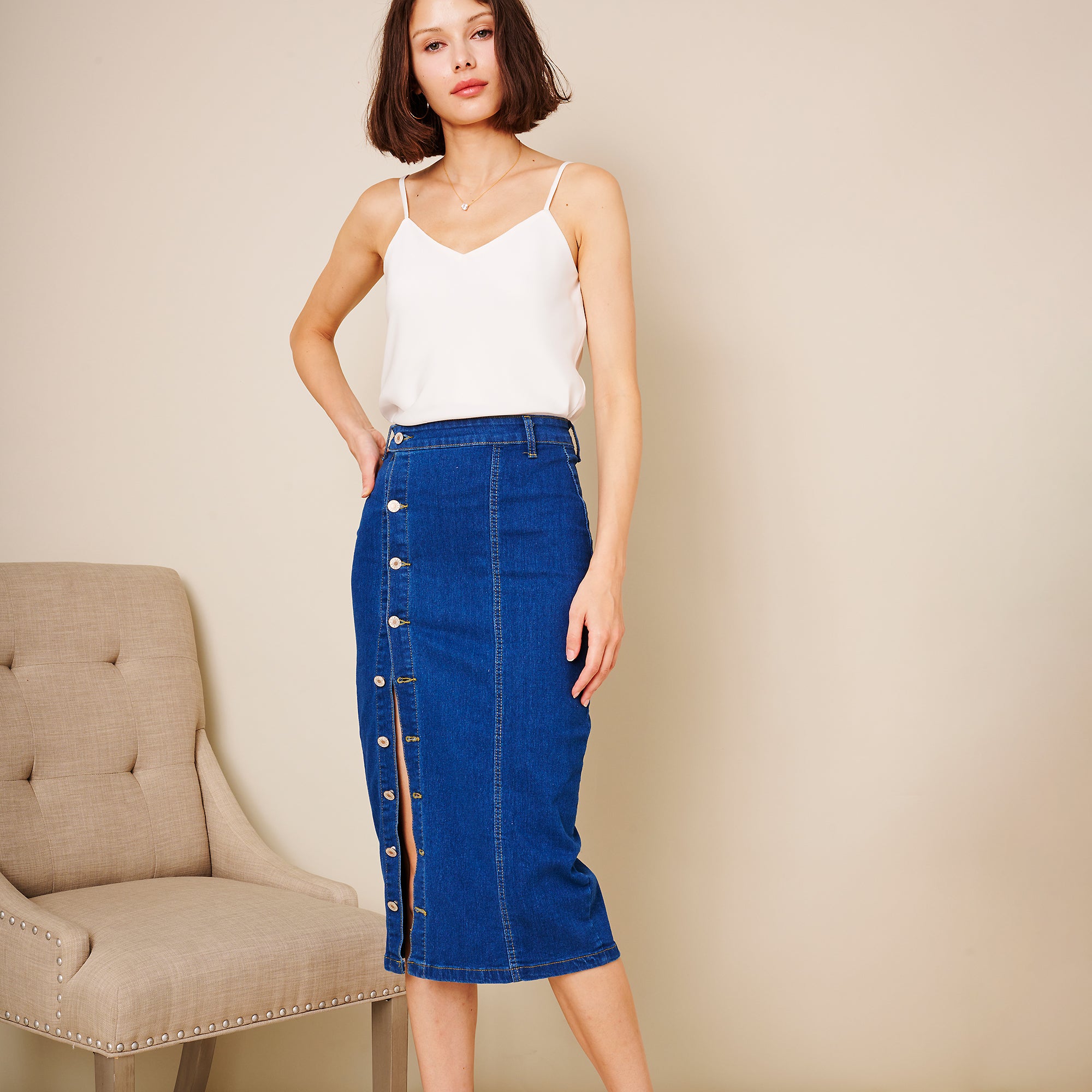 Button Slit Denim Midi Skirt