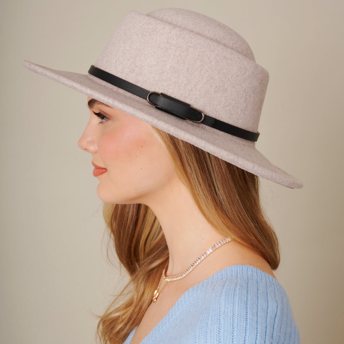 Double Buckle Leather Strap Fedora Hat