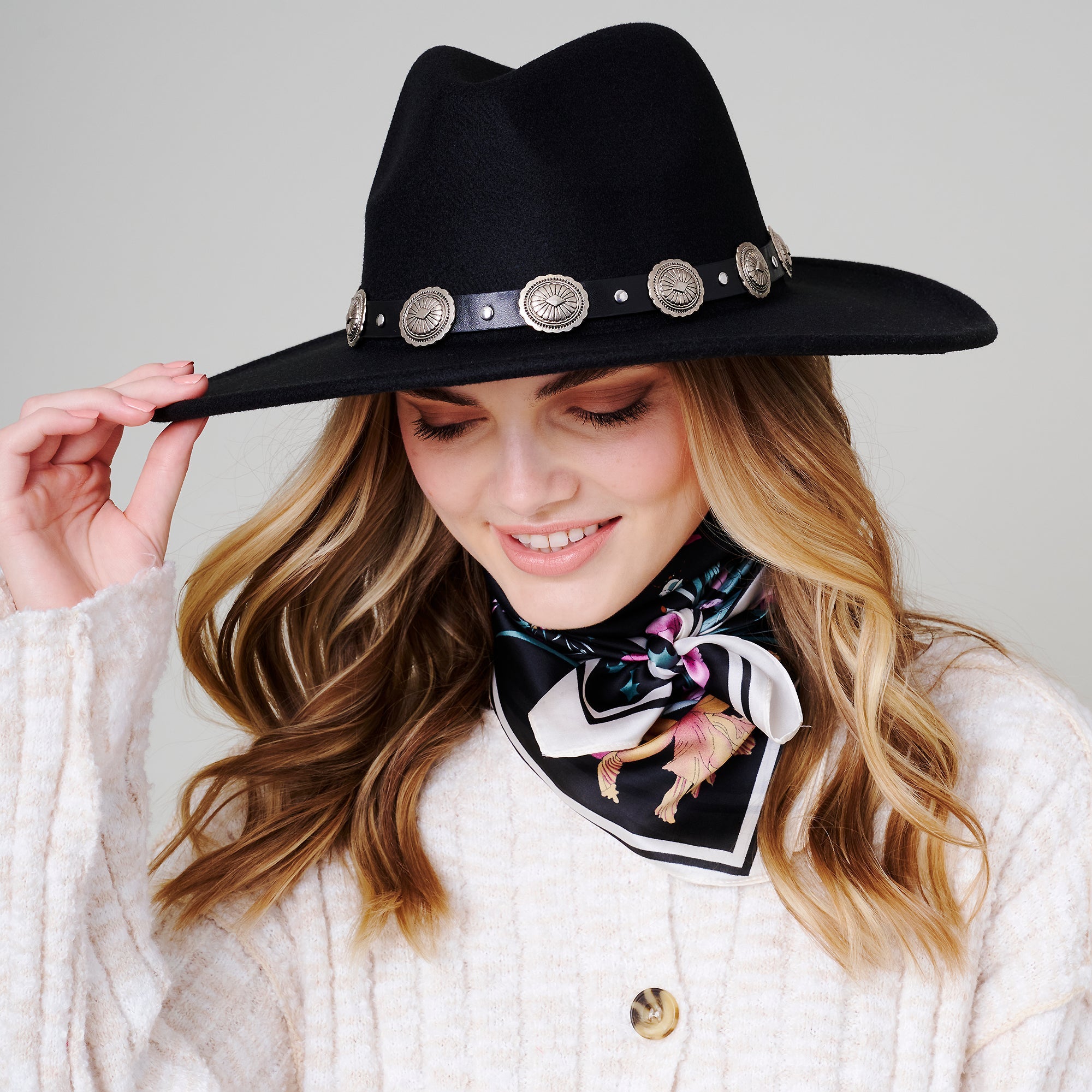 Concho Leather Strap Fedora Hat
