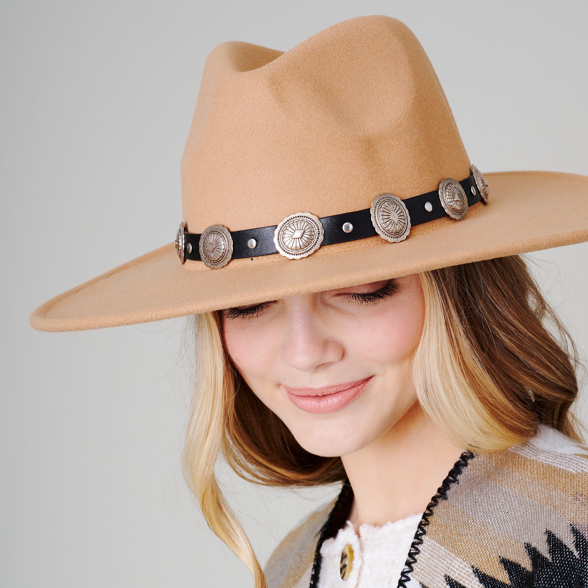 Concho Leather Strap Fedora Hat