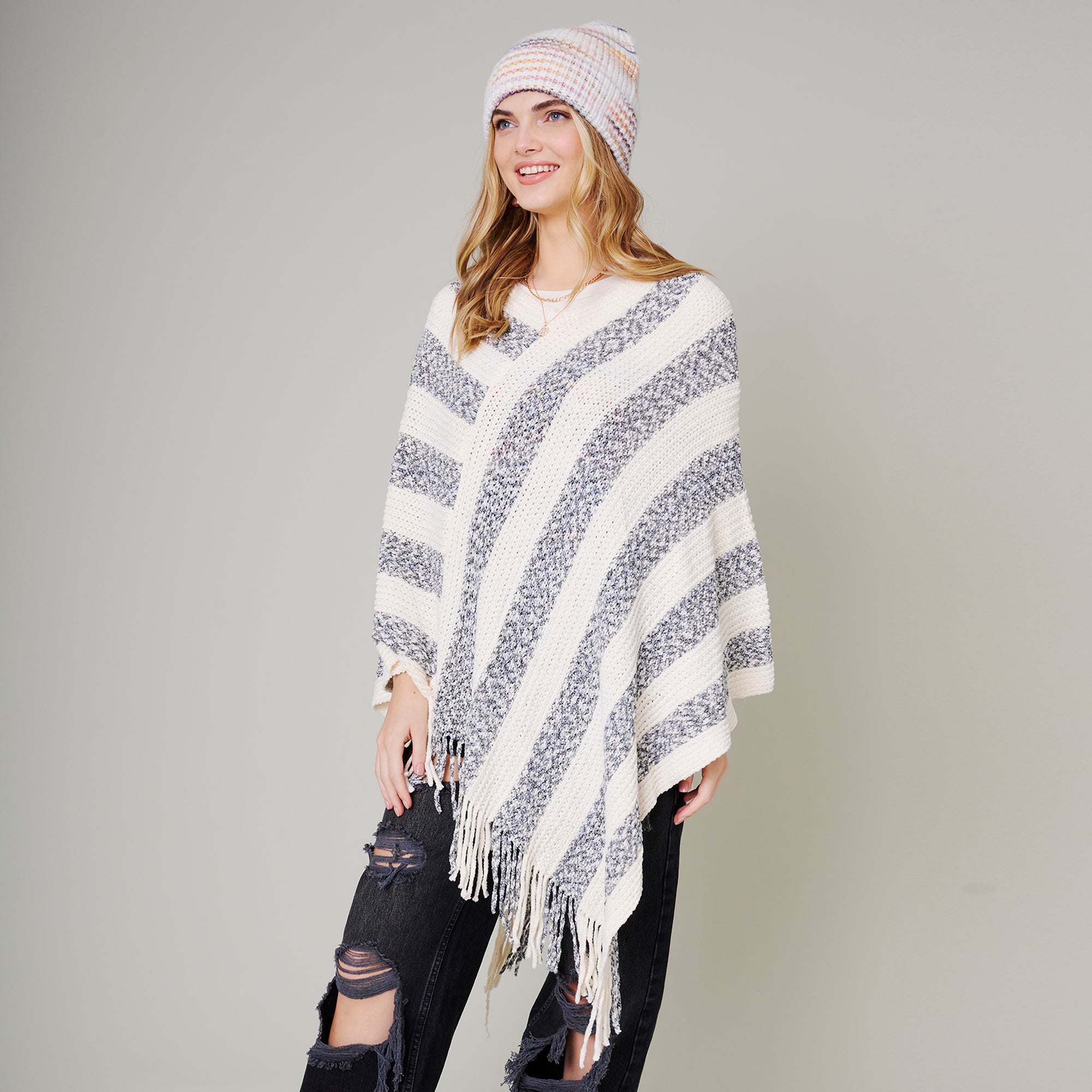Stripe Fringe Poncho