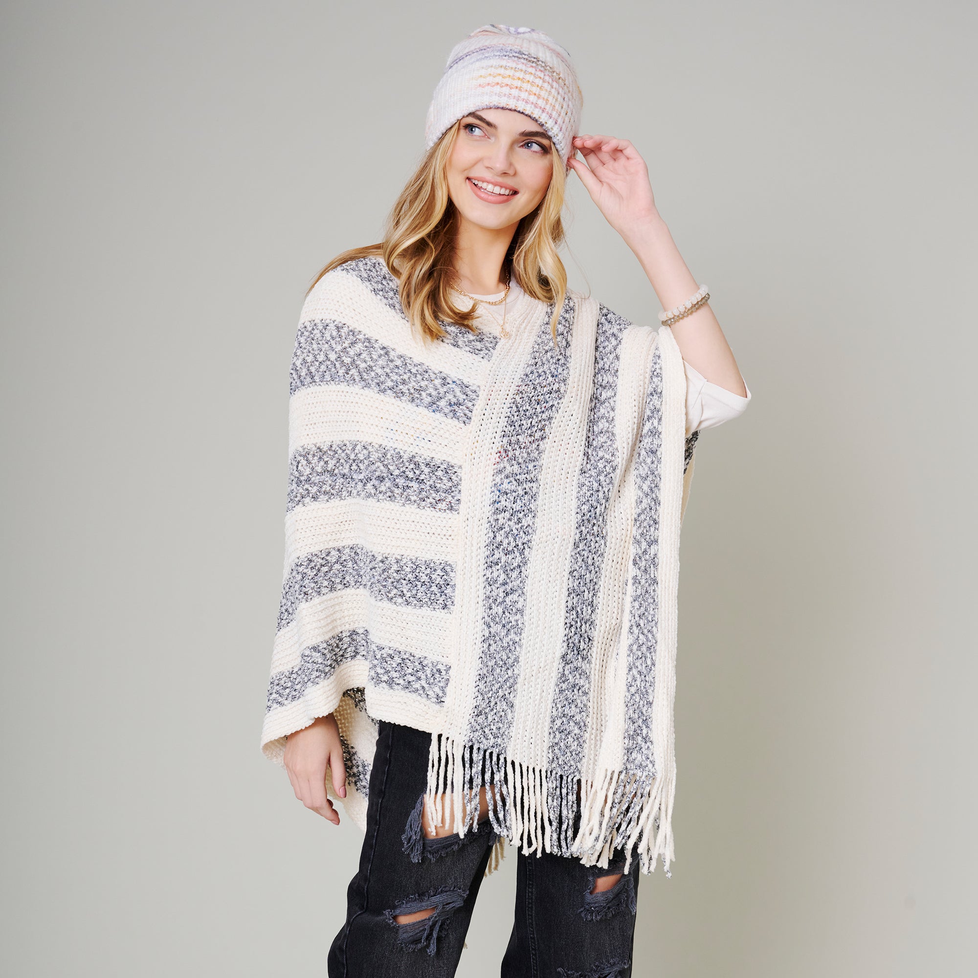 Stripe Fringe Poncho