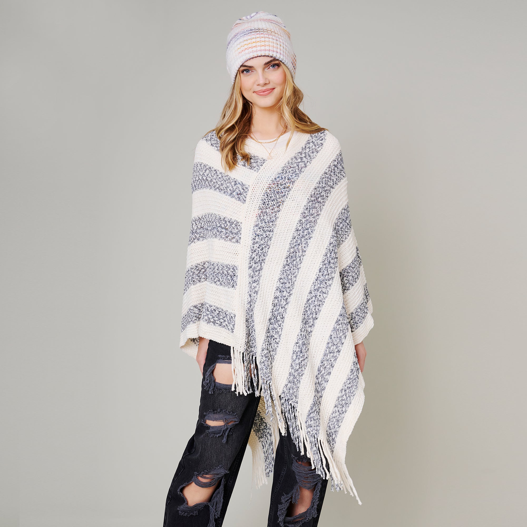 Stripe Fringe Poncho