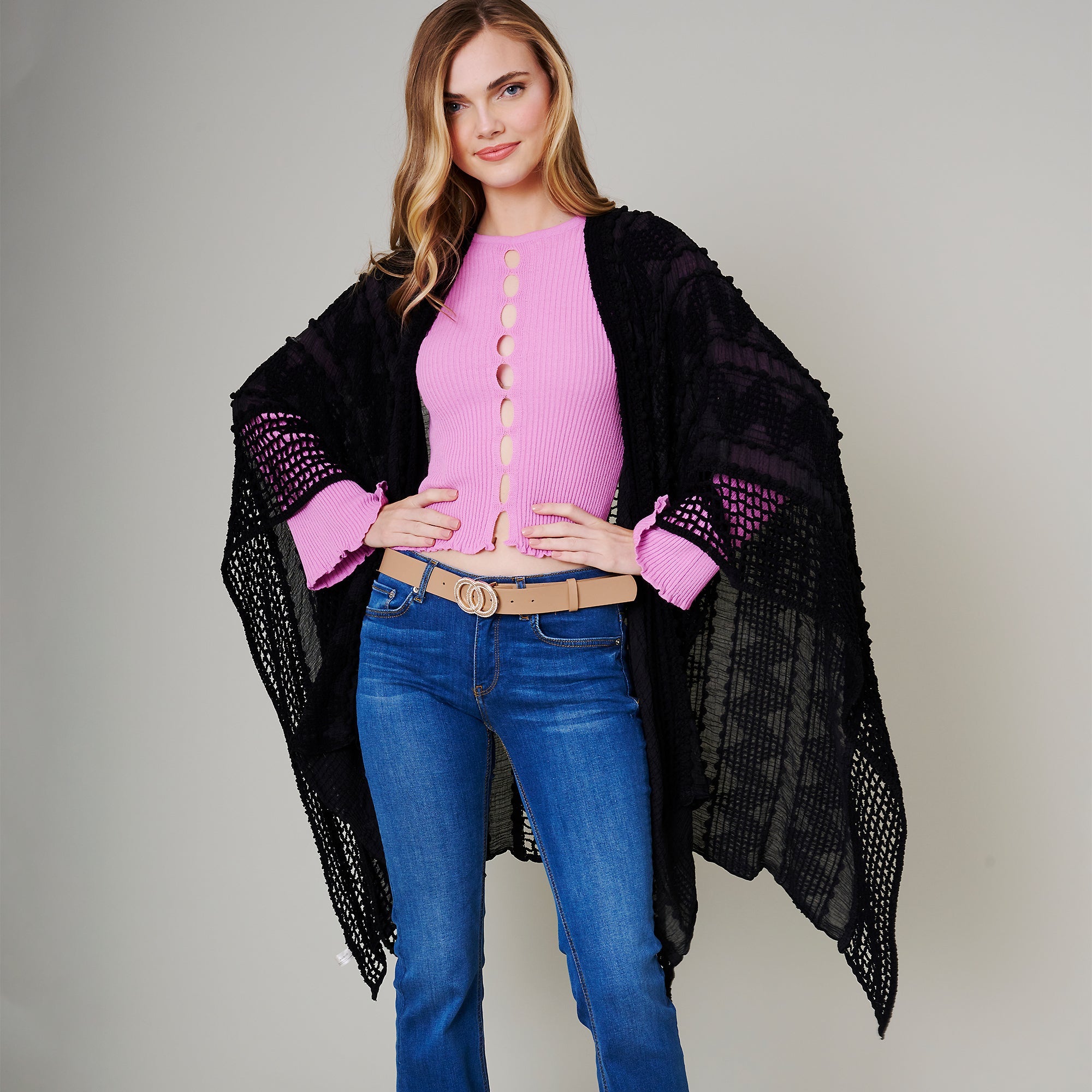 Pom Pom Textured Poncho