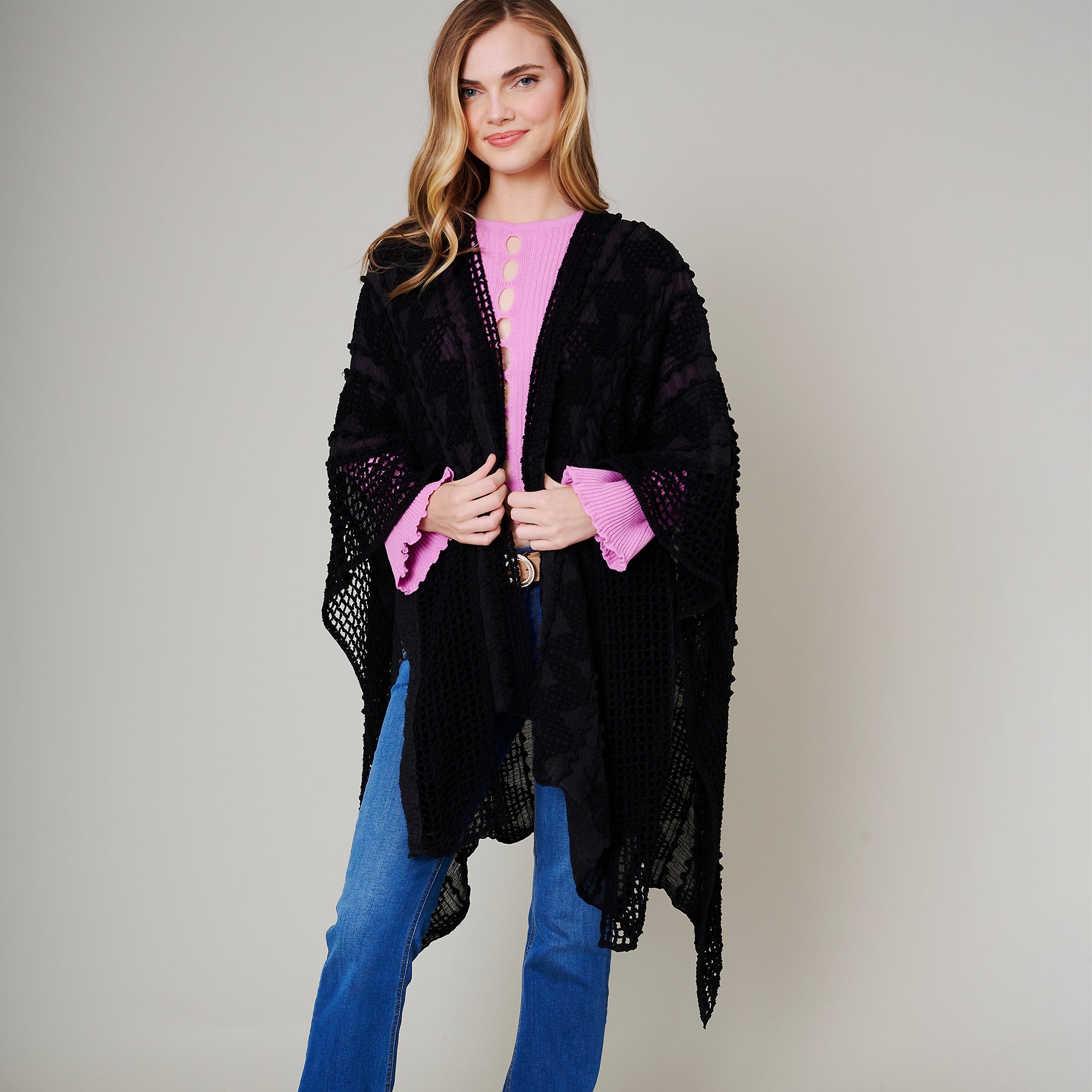Pom Pom Textured Poncho