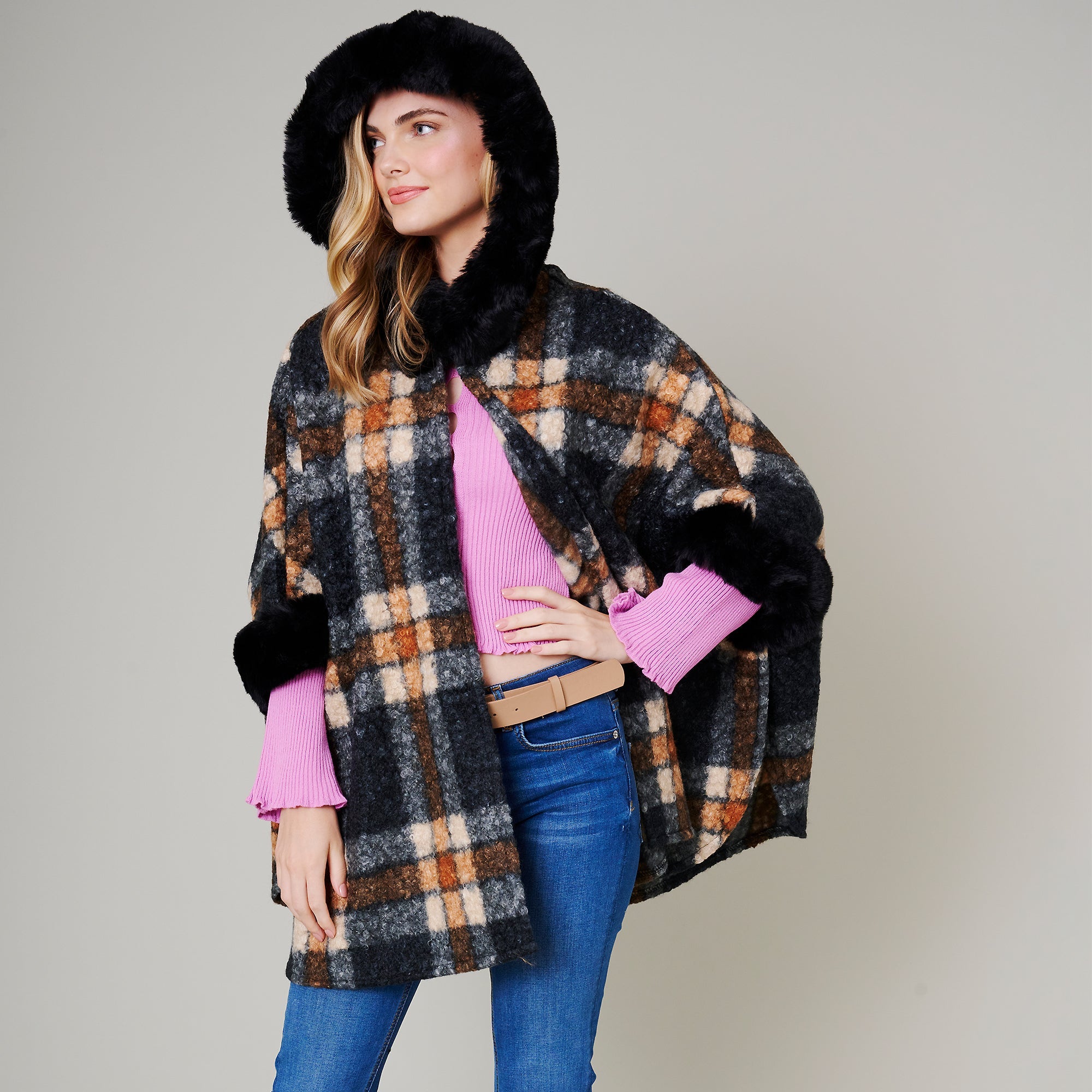 Plaid Faux Fur Poncho