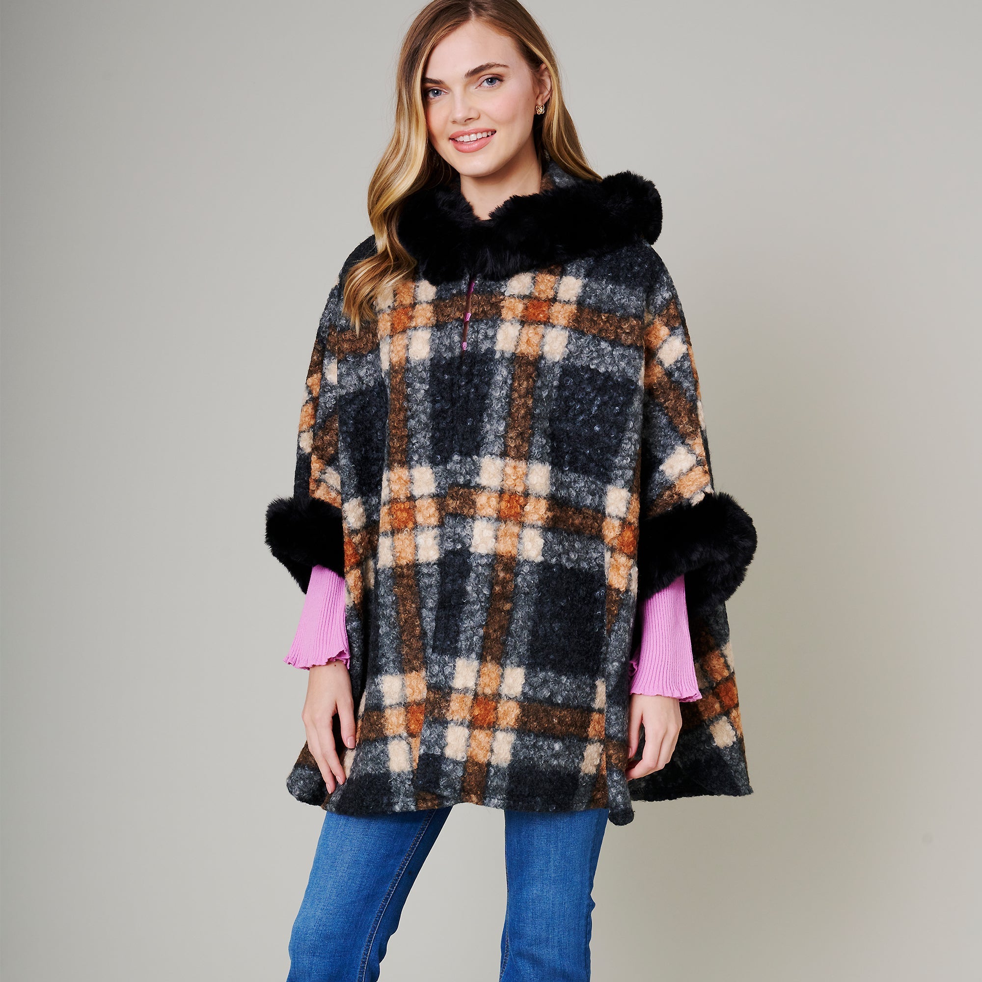 Plaid Faux Fur Poncho