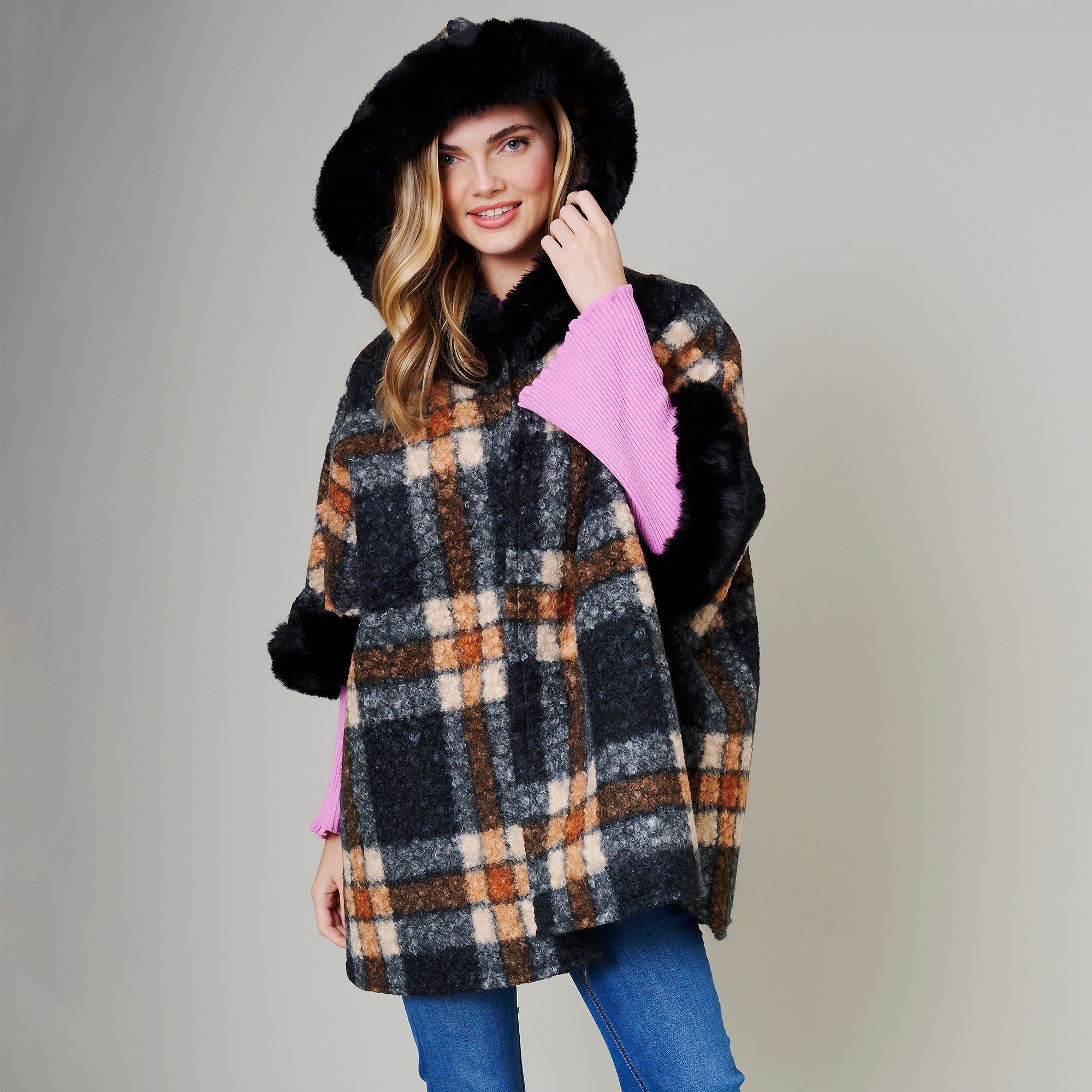 Plaid Faux Fur Poncho