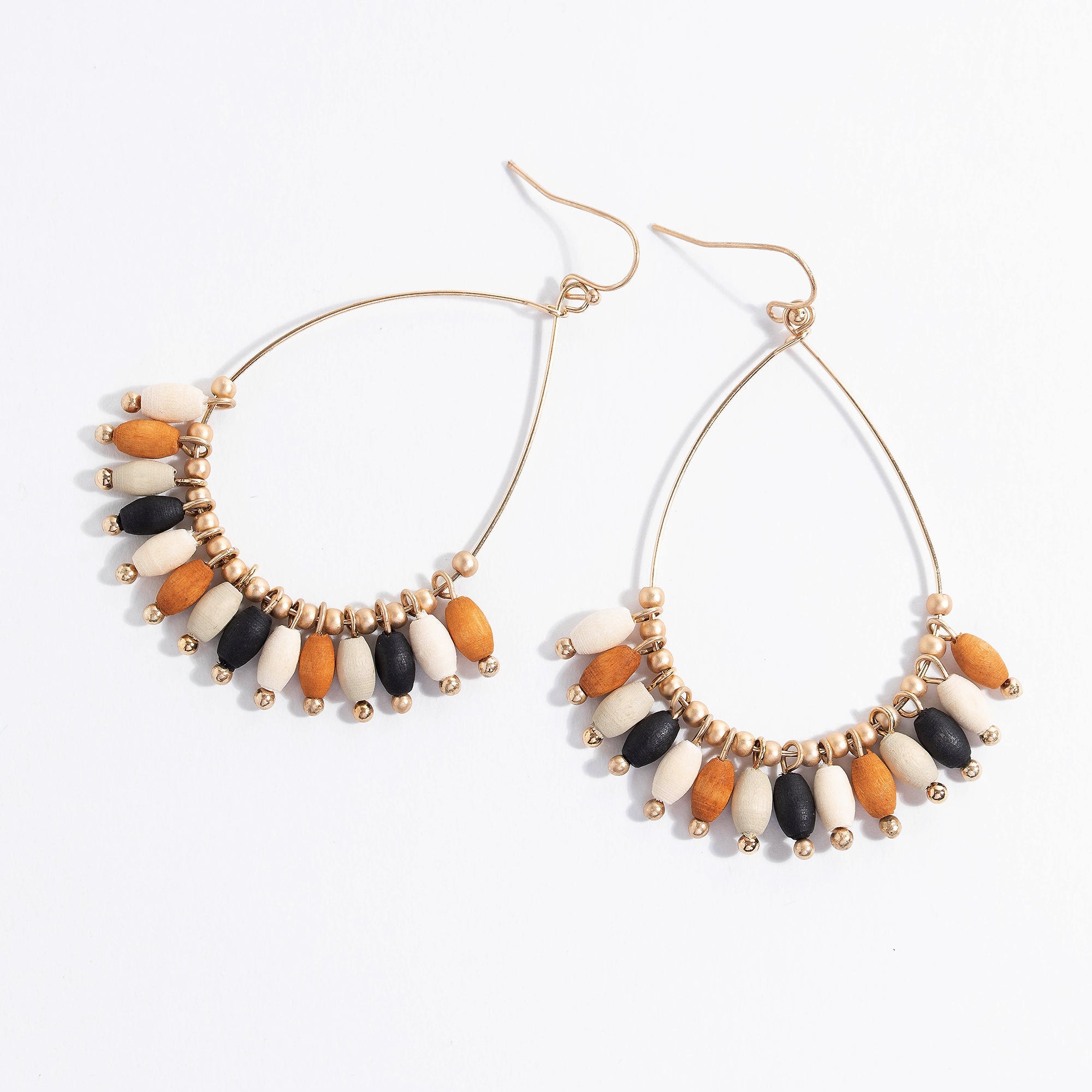 Oval Wood Bead Dangling Earrings