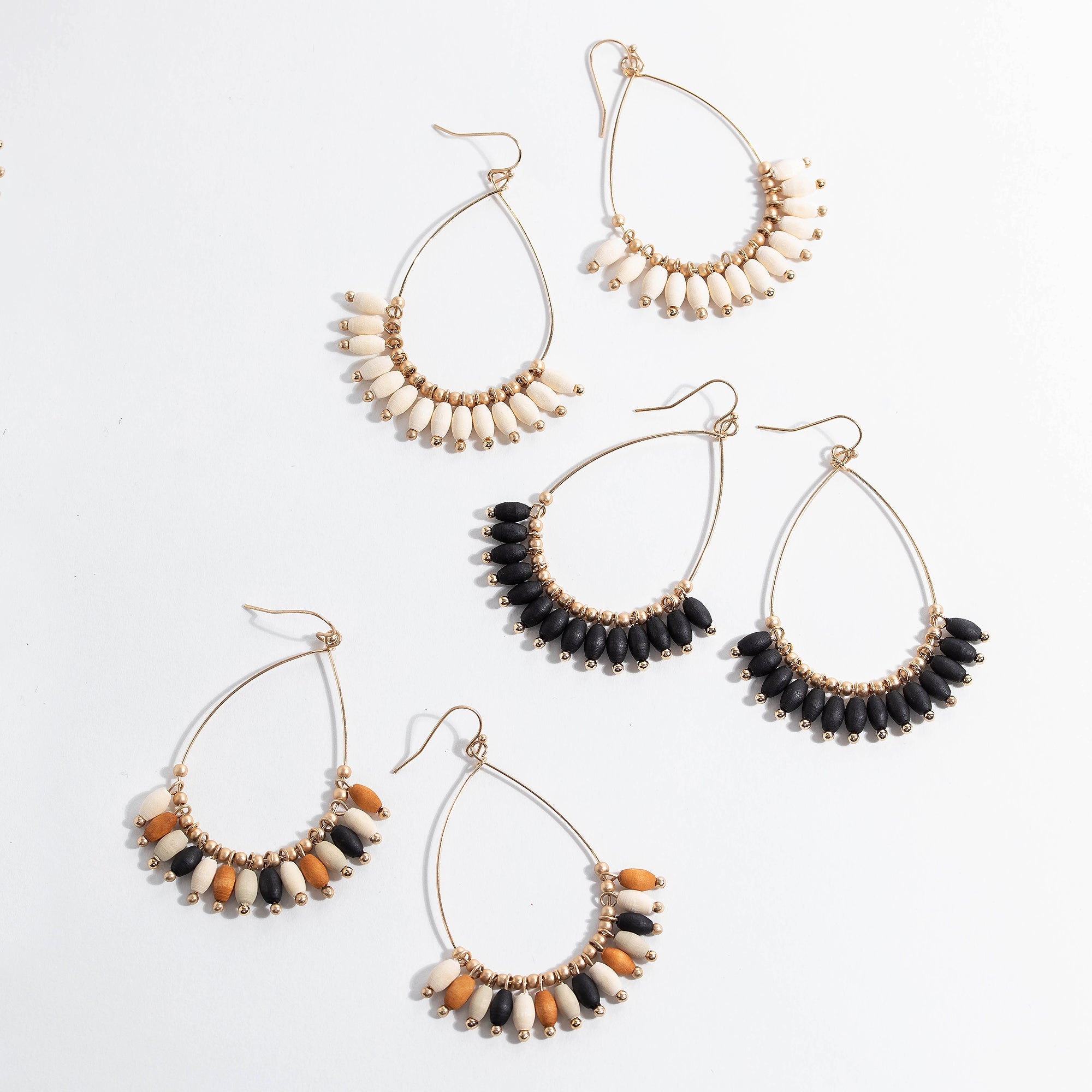 Oval Wood Bead Dangling Earrings