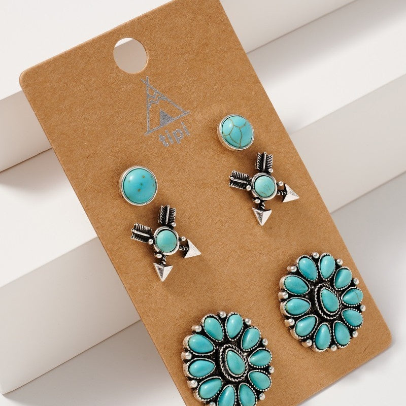 Western Design Natural Stones Stud Earrings Set