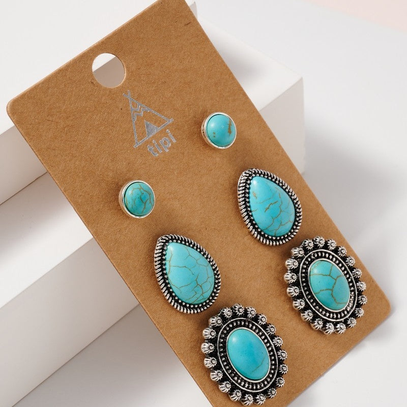 Western Design Natural Stones Stud Earrings Set