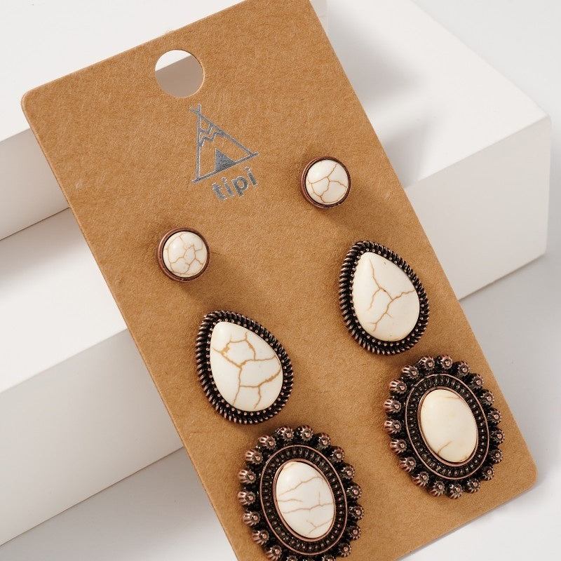Western Design Natural Stones Stud Earrings Set