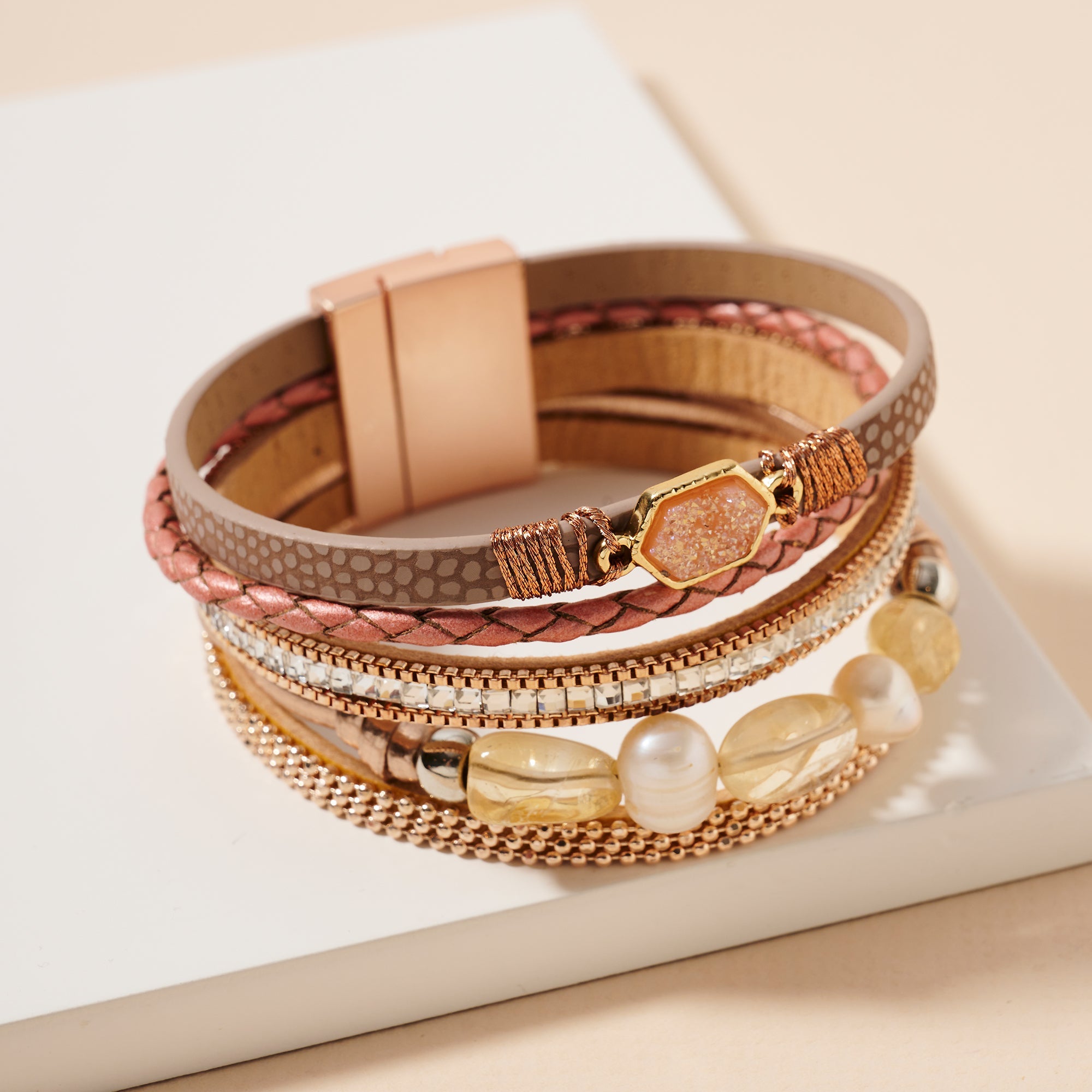 Pearls Druzy Stone Layered Bracelet