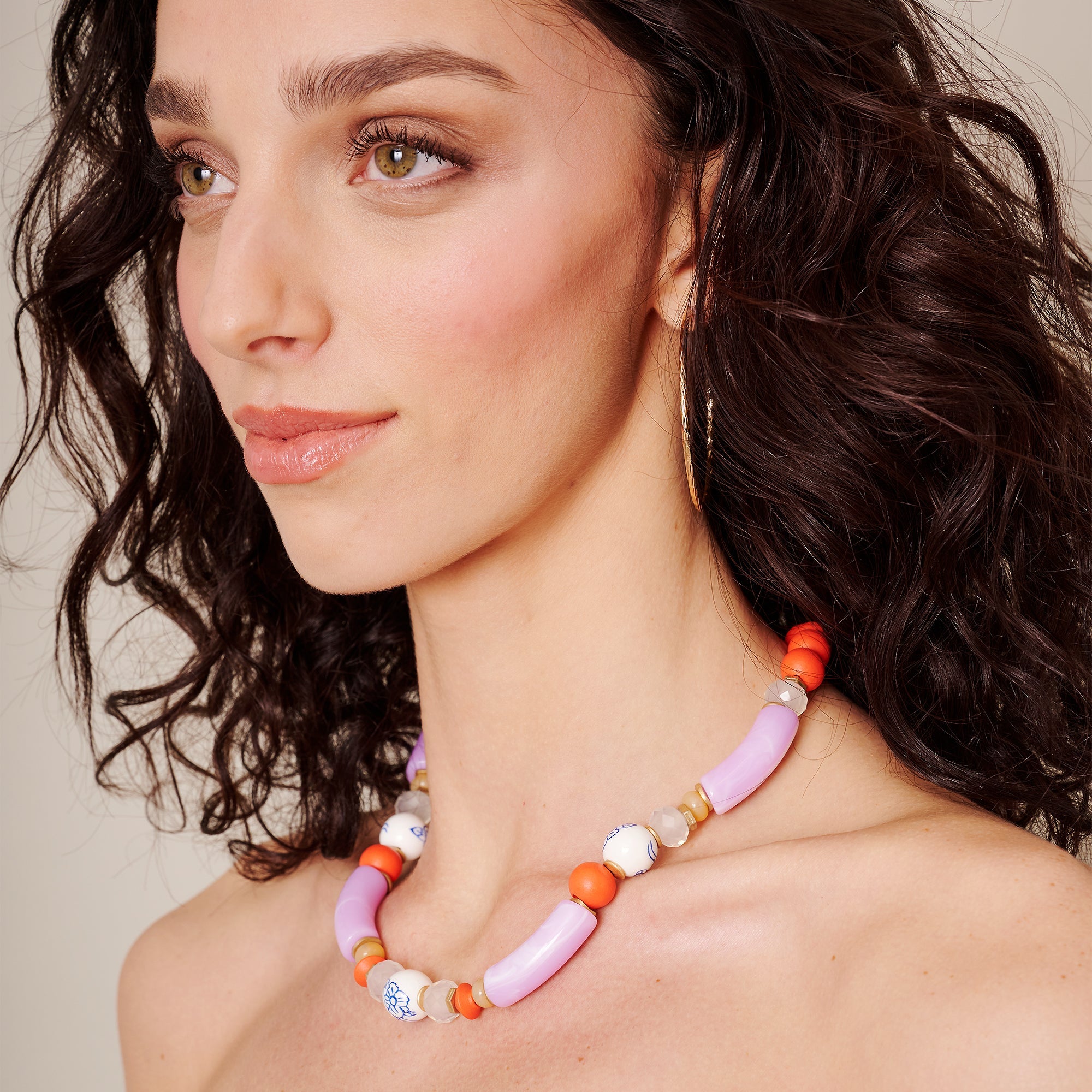 Wood Glass Stone Beaded Short Necklace