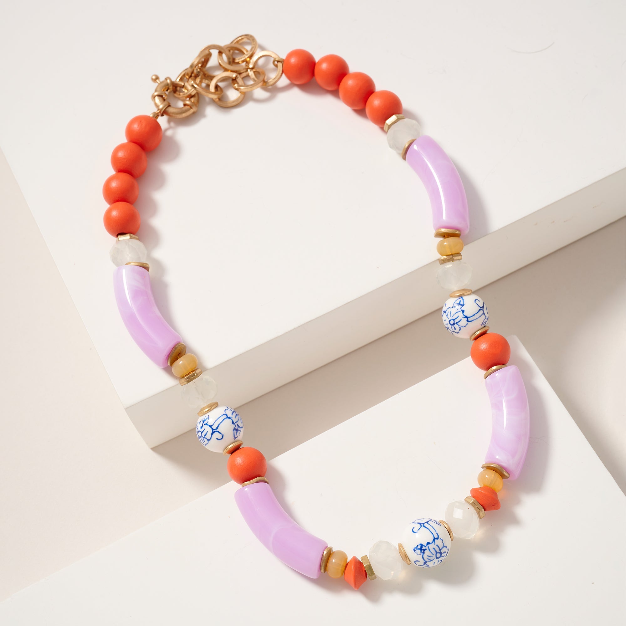 Wood Glass Stone Beaded Short Necklace