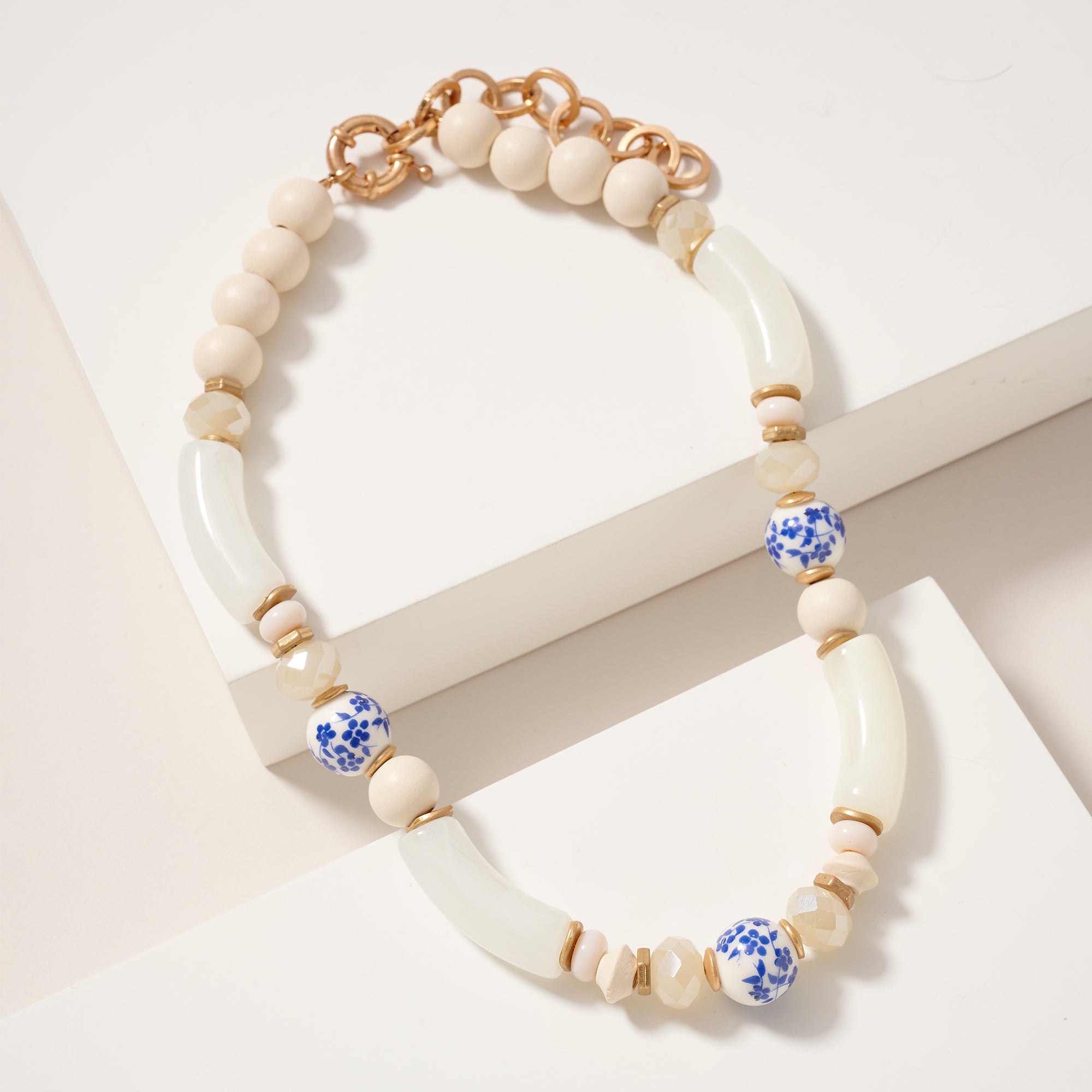 Wood Glass Stone Beaded Short Necklace