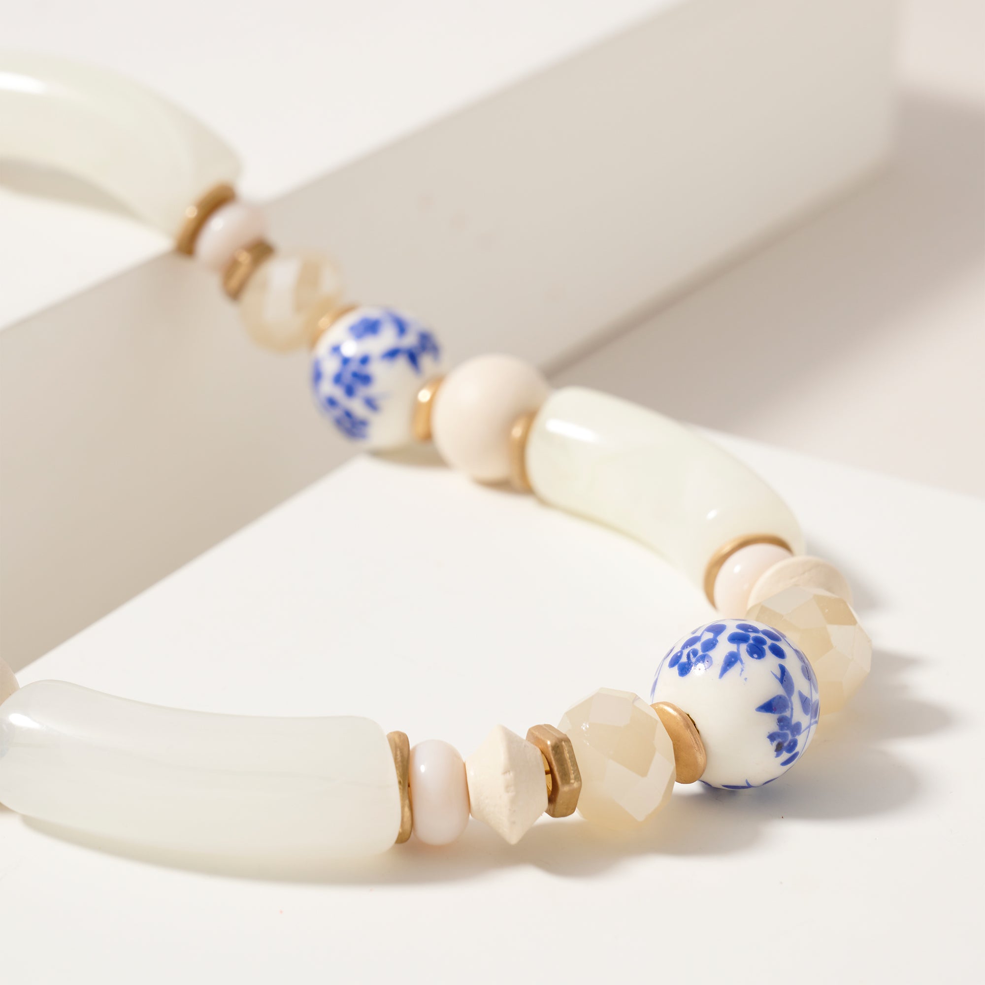 Wood Glass Stone Beaded Short Necklace