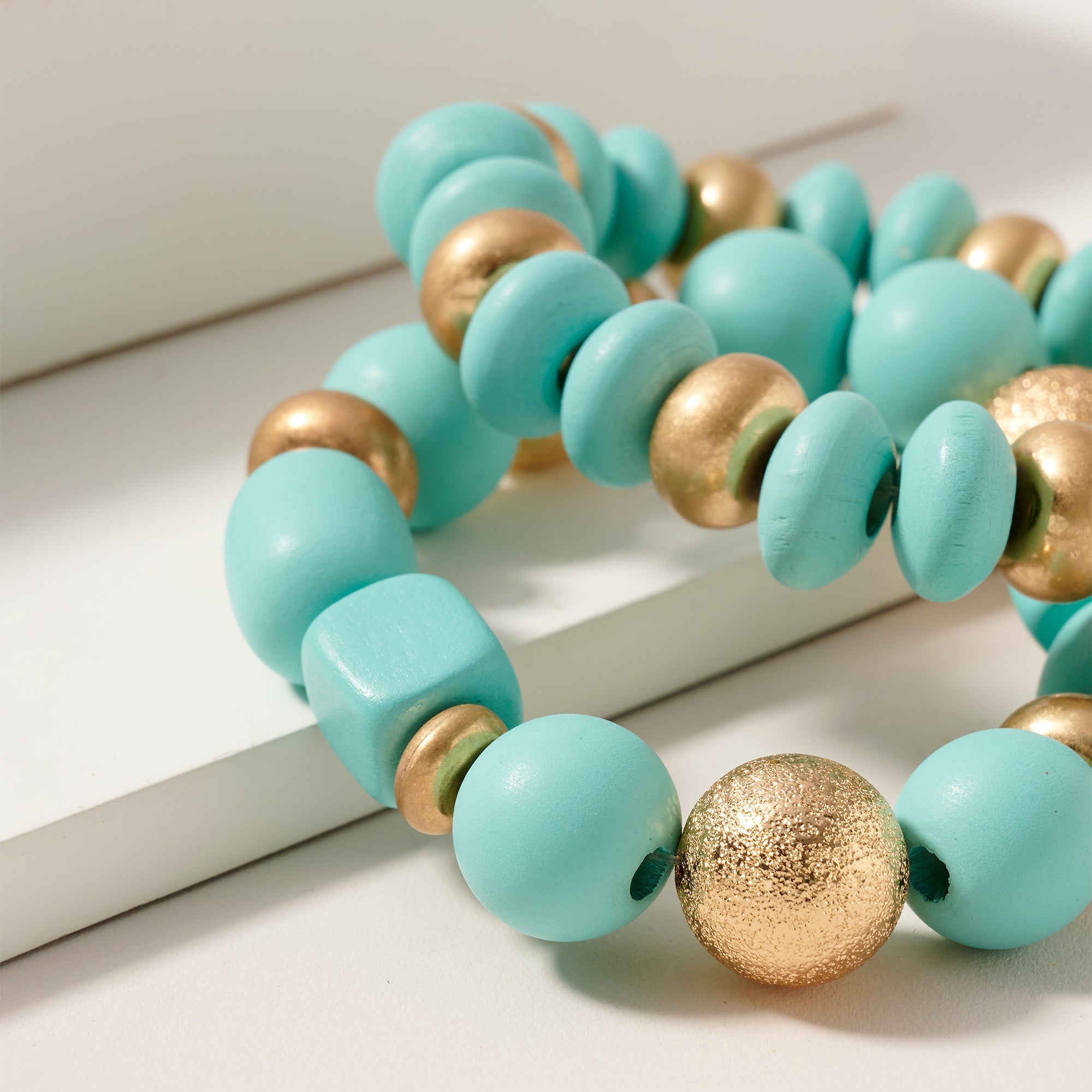 Wood Metal Beaded Stretch Bracelet Set