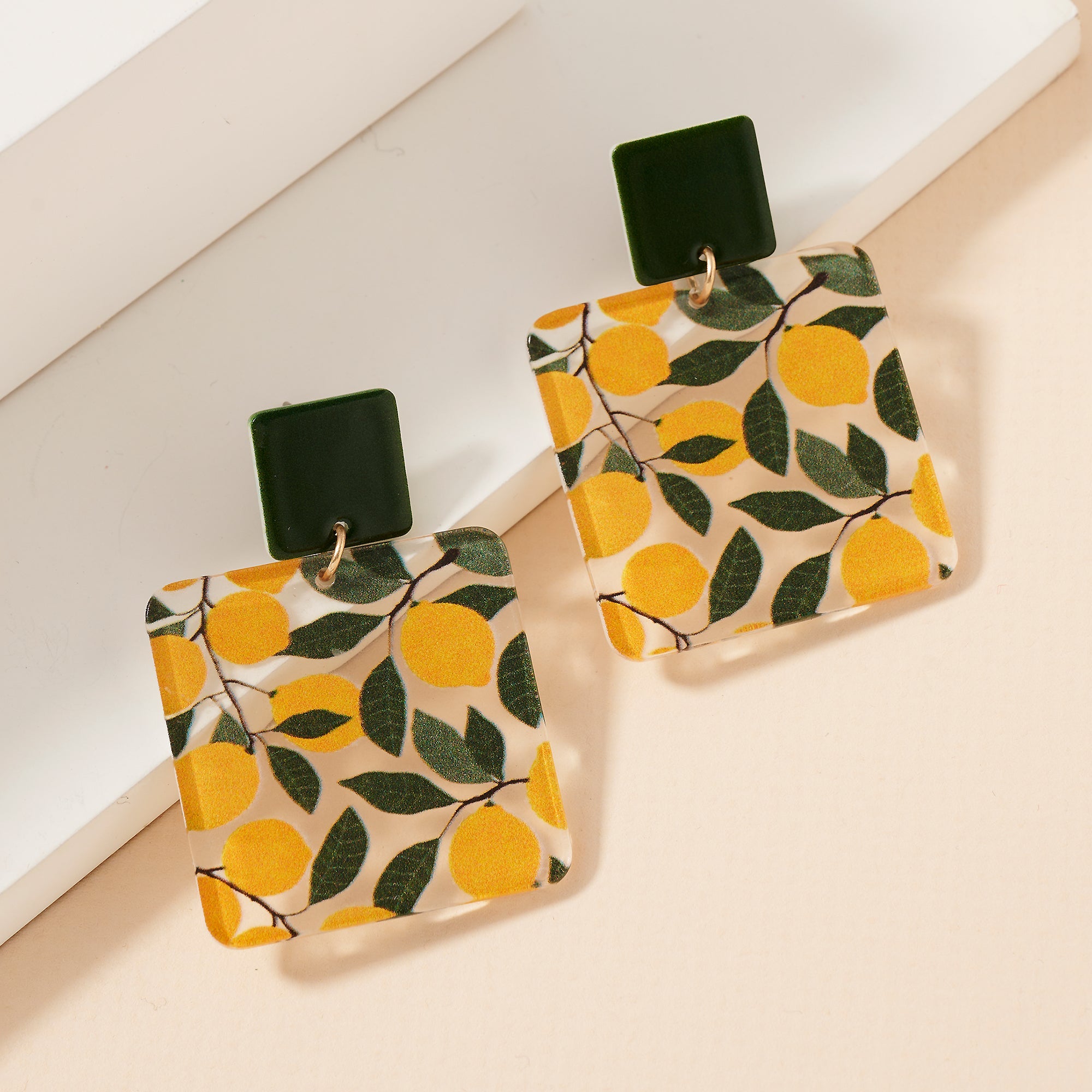 Lemon Print Acetate Dangling Earrings