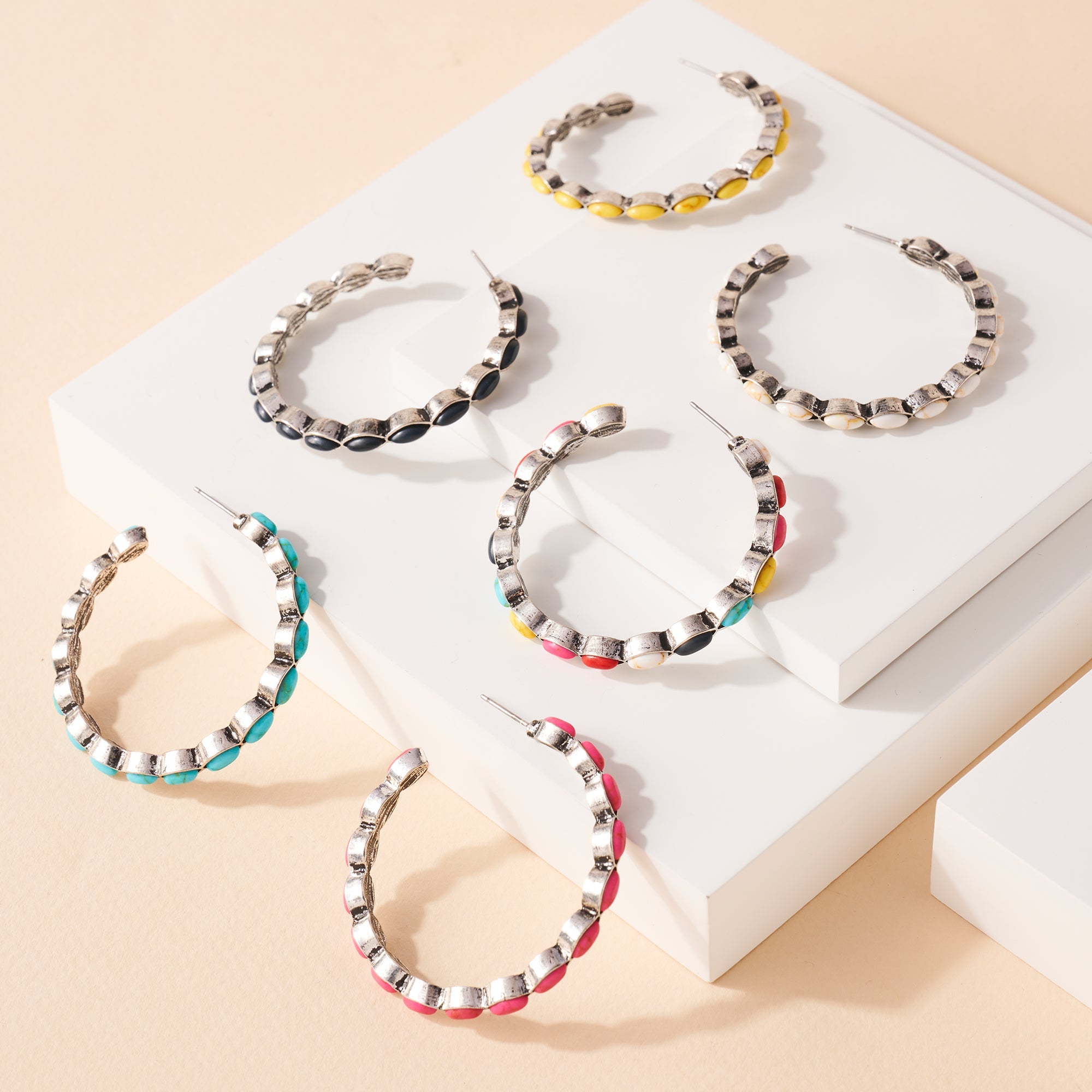 Western Design Stone Open Hoop Earrings