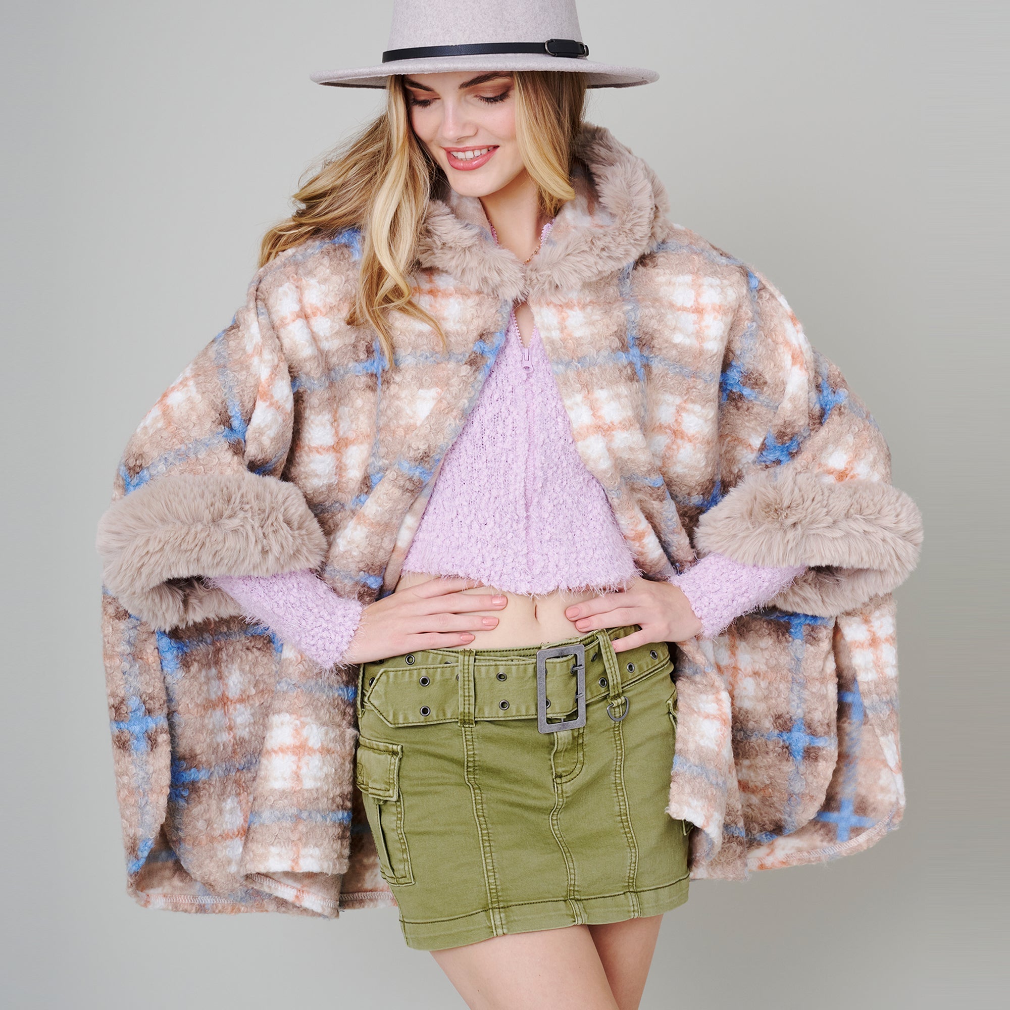 Plaid Faux Fur Poncho