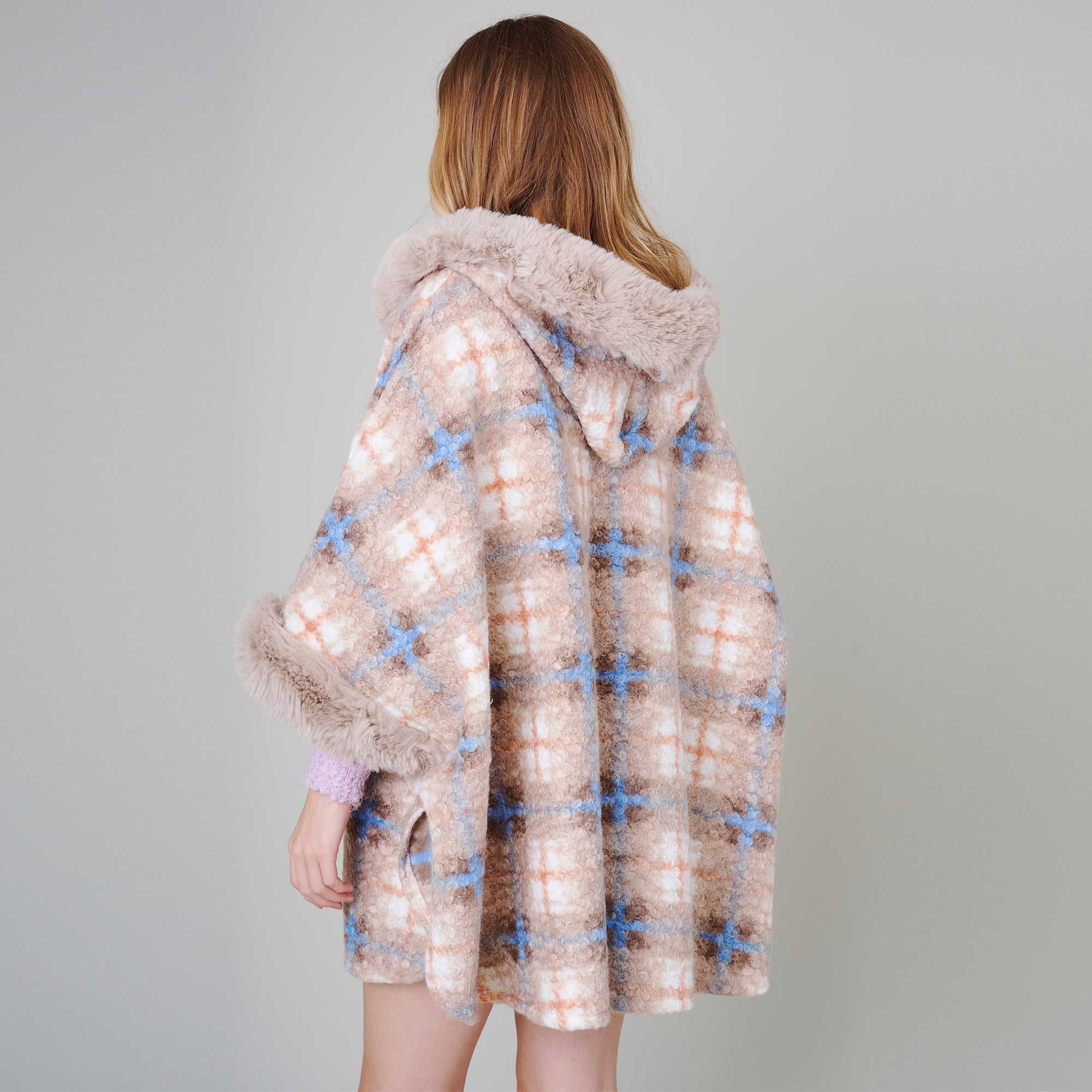 Plaid Faux Fur Poncho